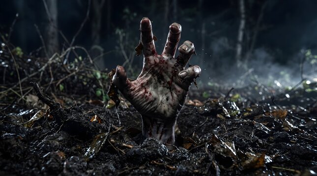 Scary zombie hand rising from the dirt grave in a dark forest at night