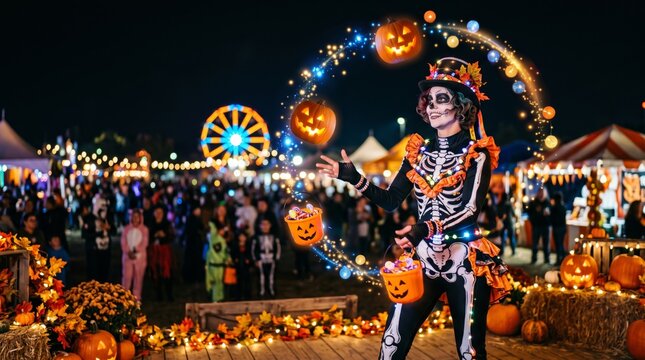 Playful skeleton performer juggling glowing pumpkins and candy buckets at a colorful Halloween night carnival