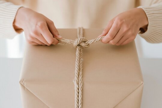 Twine being tied around a kraft paper parcel by two hands, with a fibrous texture and soft lighting for gift packaging and delivery services