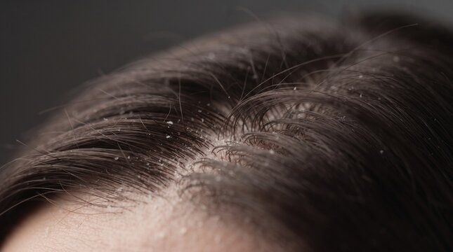 Extreme close-up of severe dandruff flakes and peeling scalp on brown hair