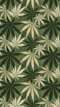 Green and beige cannabis leaf pattern on a textured background, featuring various sizes and orientations of leaves in a repeating design