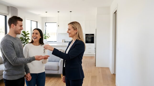 Real estate agent handing house keys to a happy couple in a new home