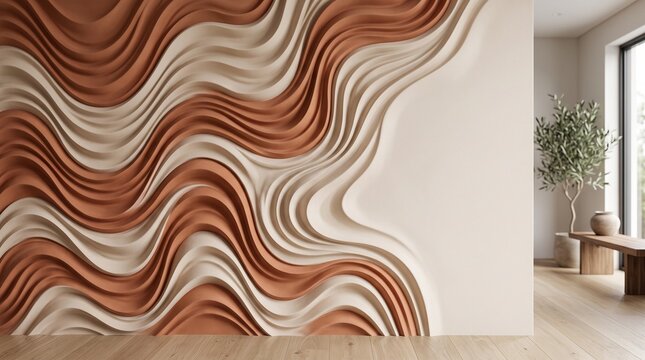 Terracotta 3d wave wall art in modern interior