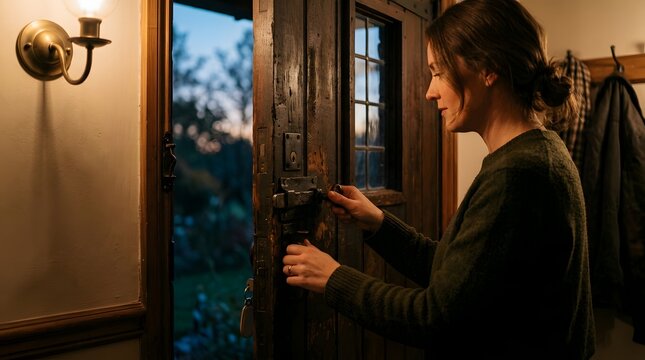 Woman opening an old wooden door at home during the evening