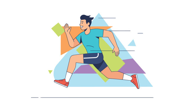 Active young man running fast against a dynamic and colorful abstract geometric shape background.