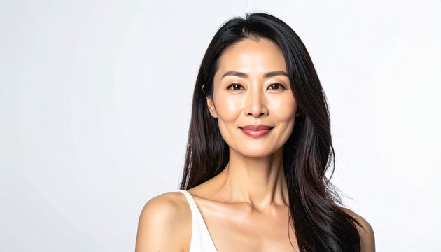 安心感のある微笑みの30代女性フルフェイスポートレート（白背景）