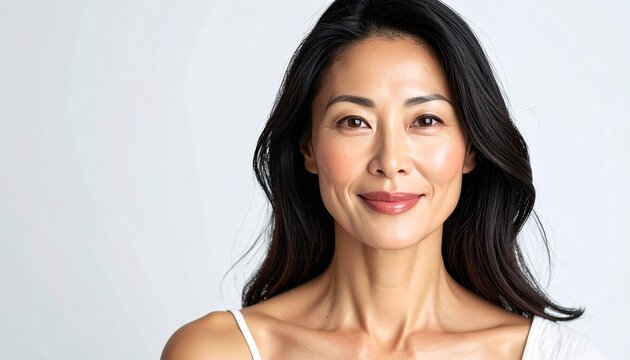 安心感のある微笑みの30代女性フルフェイスポートレート（白背景）