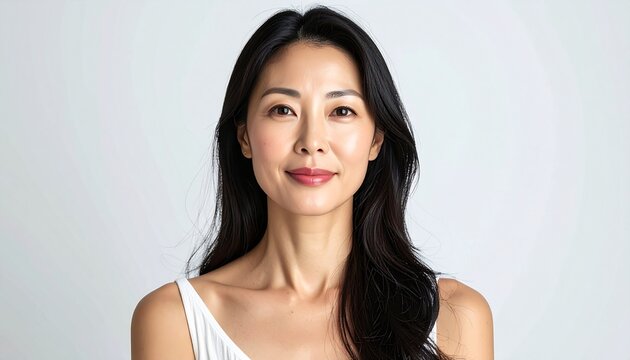 安心感のある微笑みの30代女性フルフェイスポートレート（白背景）
