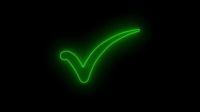 glowing neon green color checkmark tick symbol success approval correct sign intro template animation, on a black background 4k video  motion graphics.