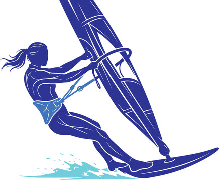 Female windsurfer riding board with sail on water silhouette dynamic posture flat sketch vector illustration isolated on white background