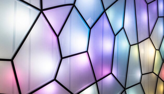 Voronoi pattern made of frosted glass panels glowing softly from behind with ambient RGB lighting.