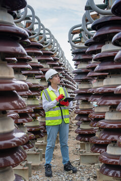 Insulator audit of decommissioned porcelain units shows an engineer holding a tablet and looking up along the stacked ceramic sheds.