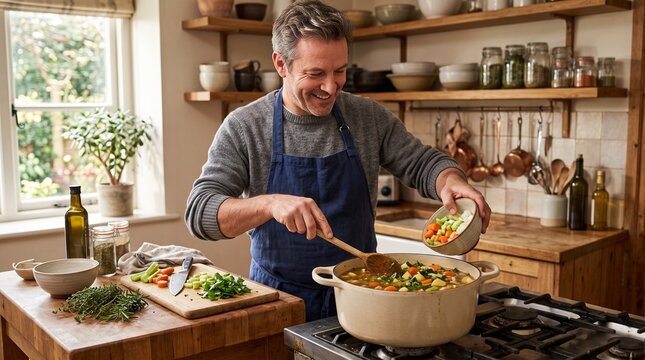 Man happily cooking a healthy vegetable stew in a cozy kitchen adding fresh ingredients to the pot