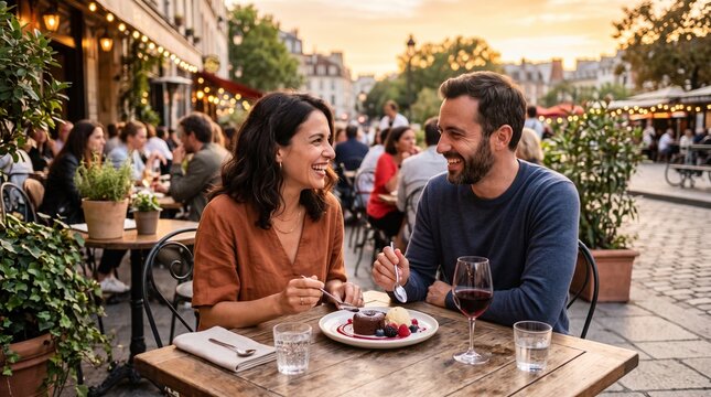 Couple enjoys a romantic dessert and wine at an outdoor Parisian cafe during golden hour