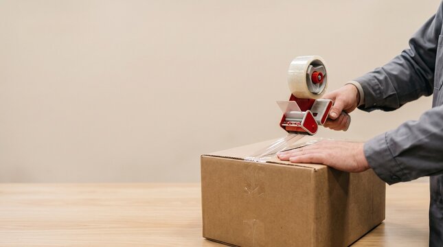 Close up of hands sealing a cardboard box with clear packing tape using a dispenser
