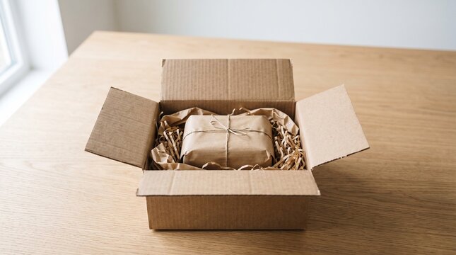 Open cardboard box with a gift wrapped in brown paper and tied with twine, sitting on a wooden table