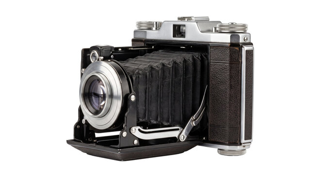 Vintage folding film camera with extended bellows, photographed from a three-quarter side angle that highlights its mechanical construction and textured leather body. Isolated on White background.
