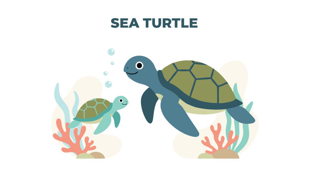 Cute mother sea turtle and baby turtle swimming together underwater surrounded by sea plants and colorful corals.