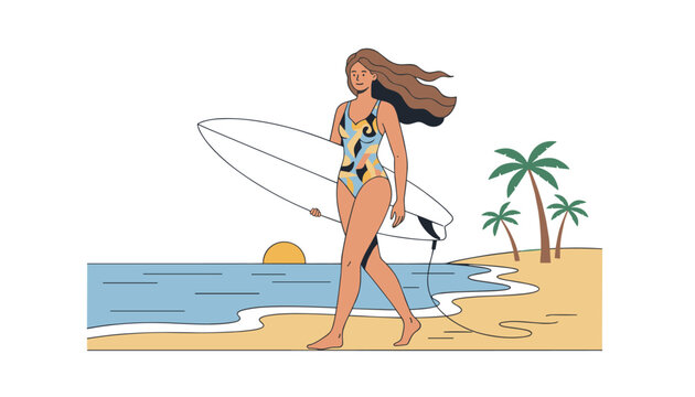 Beautiful female surfer with long hair walking on beach while carrying surfboard at sunset with palm trees.