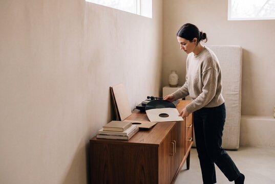 Young woman putting a vintage vinyl record on a modern turntable player in a stylish minimalist living room