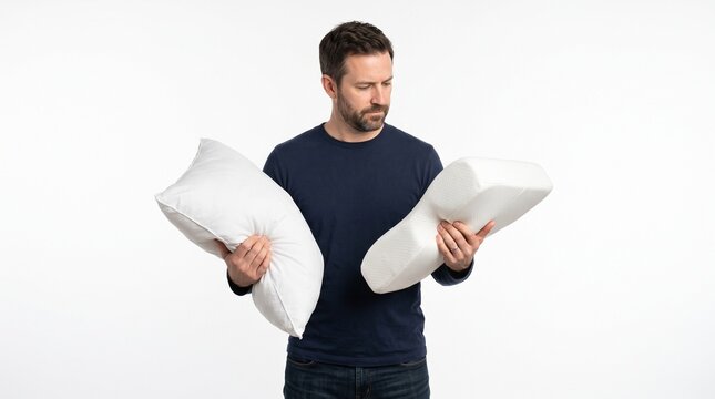 Man holding two different types of pillows, a traditional soft pillow and an ergonomic contour pillow