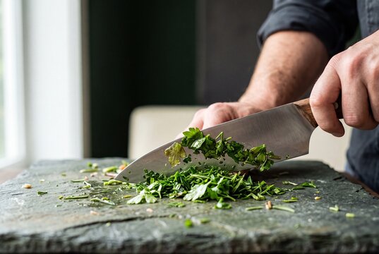 Professional chef cutting fresh green parsley with a sharp knife on a slate board in a modern kitchen