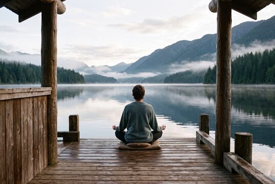 Person meditating in lotus pose on a wooden pier overlooking a tranquil misty mountain lake, finding inner peace and mindfulness