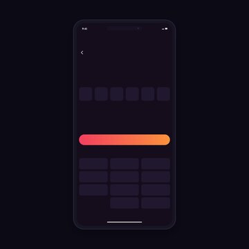 Dark mobile app security interface mockup. Modern UI mobile phone wireframe template. OTP passcode verification screen design. Smartphone keypad security layout. Dark mode mobile app UI template