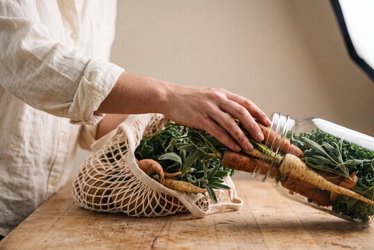 Woman unpacking fresh organic vegetables from a reusable mesh bag into a glass jar in a zero waste kitchen