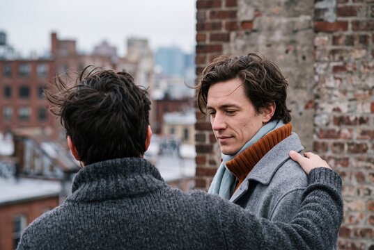 Young man offering comfort and emotional support to his thoughtful friend outdoors on an urban rooftop