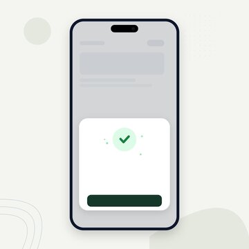 Green success notification modal popup template. Smartphone UI design mockup layout. Mobile application transaction completed screen. Minimalist light mode UI UX. E-commerce confirmed payment page