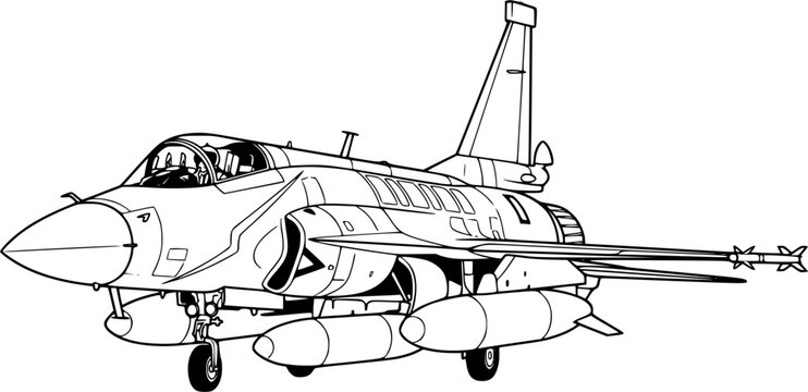 Military jet fighter  Chengdu JF 17 Thunder multi role fighter aircraft line art vector illustration
