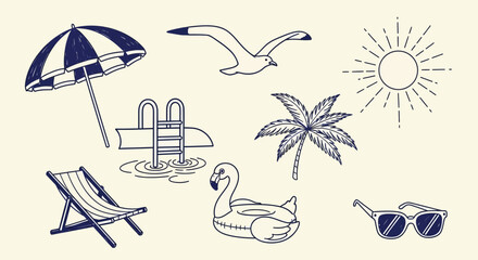 Obraz premium Vintage summer beach icons set, hand drawn nautical vacation elements, retro sun and palm tree vector illustrations for travel branding