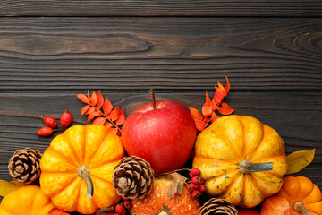 Obraz na płótnie Canvas Happy Thanksgiving day. Flat lay composition with pumpkins and pinecones on dark wooden table, space for text