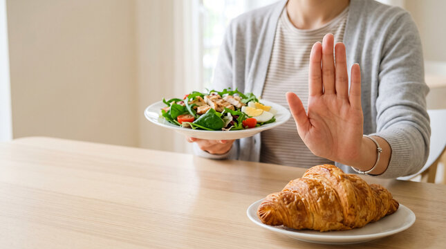 Close up of a woman hand gesturing stop to refuse eating croissant for her weight loss diet program in a bright clean dining room
