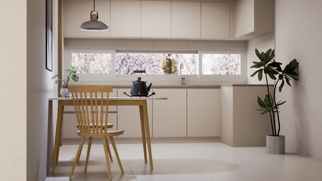 Modern minimalist Japandi kitchen and dining room interior with wooden dining table and panoramic window view of blooming cherry blossoms, slow camera dolly in, cozy home lifestyle, 3D architectural v