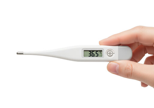 Hand holding digital thermometer showing body temperature isolated on transparent background