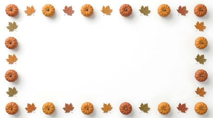 Fototapeta premium Minimalist autumn border made of small pumpkins and dry maple tree leaves