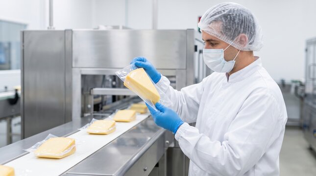 Masked worker checks vacuum seal around packaged cheese wedge, showing dairy safety, packaging integrity, hygiene and quality control in chilled processing facility today.