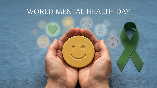 World Mental Health Day concept with hands holding smiley face and green ribbon