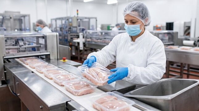 Quality control worker removes defective chicken tray from conveyor, showing packaging inspection, food safety, rejection control and responsible factory processing.
