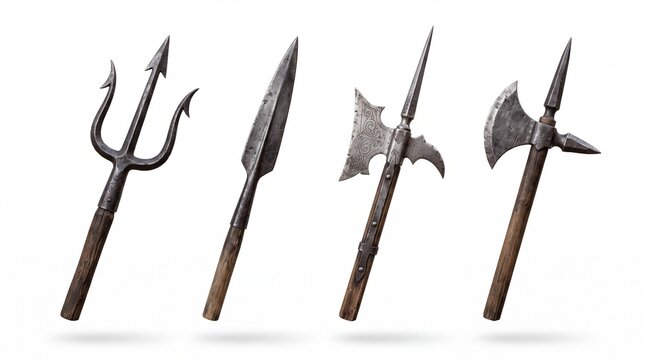 Set of four antique medieval metal polearm weapons