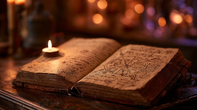 Open ancient magic book, Halloween concept.
