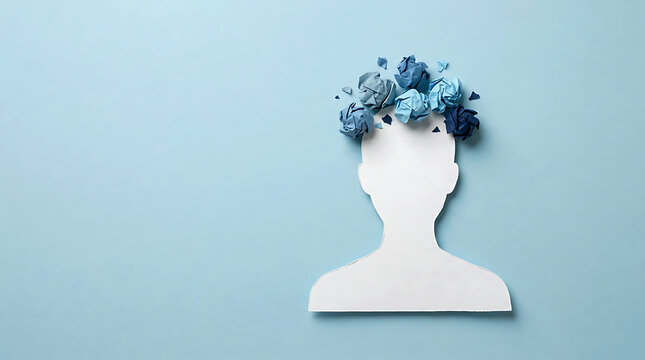 Mental health concept with paper silhouette and crumpled paper thoughts on blue