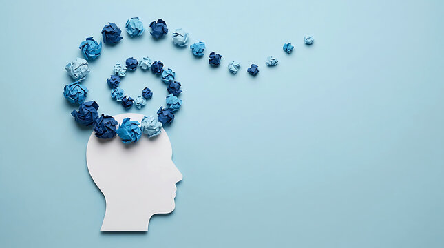 Mental health concept with paper brain spiral on blue background