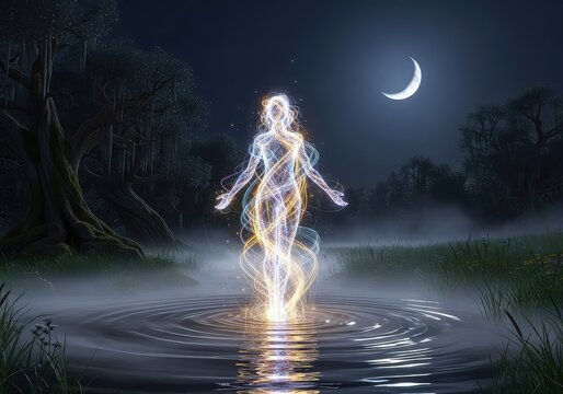A glowing ethereal presence rises from dark misty waters near a dense ancient forest and overgrown meadow under the pale light of a moon, atmospheric, woodland, shadows