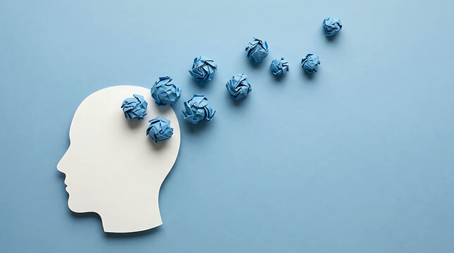 Mental health concept with paper head and thoughts on blue background