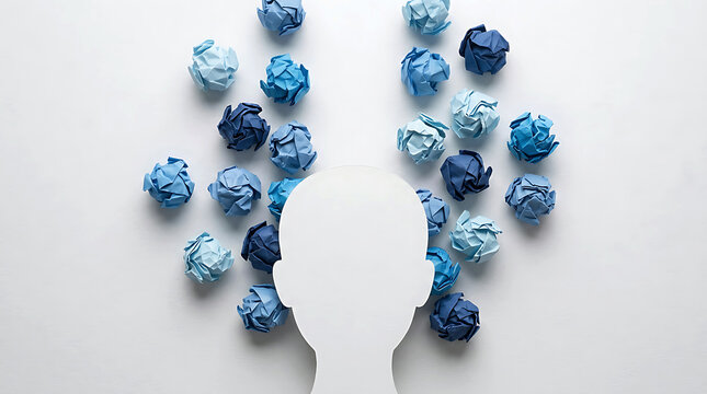 Mental health concept with paper balls around a head silhouette on white background