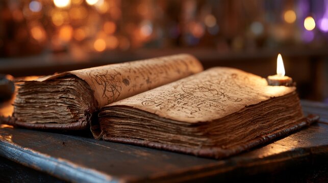 Open ancient magic book, Halloween concept.