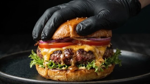 Close-up of a gloved hand pressing a juicy gourmet cheeseburger with melted cheese, tomato, and lettuce on a dark background